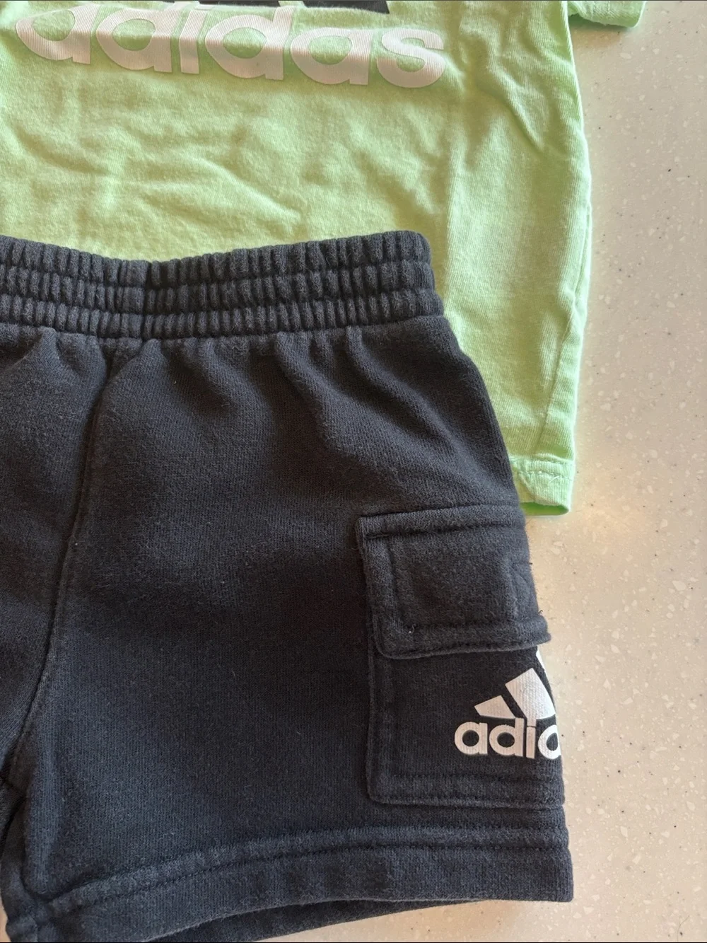 adidas Light Green Logo Tee with Black Shorts